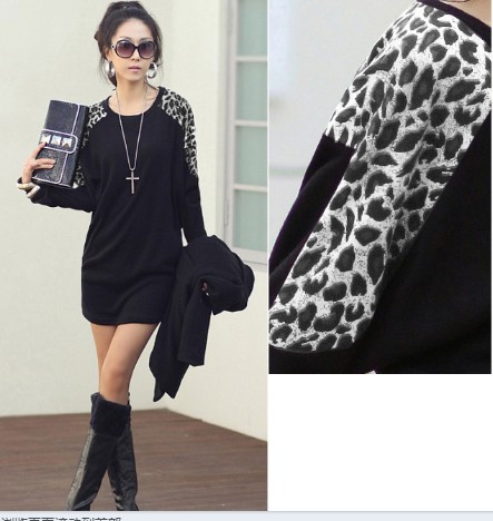 Ladies Patchwork Dress Leopard Long Sleeve Dresses Women's Sexy Skirt Slim Shirts Free Shipping M,L,XL Black,White,Gray