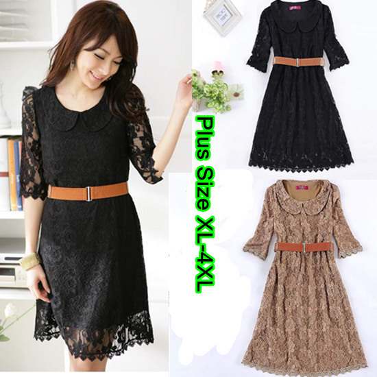 Ladies Plus Size Black Beige Half Sleeve Cute Peter Pan Collar Rose Flower Lace Spring Summer Dress with Belt Size XL-4XL