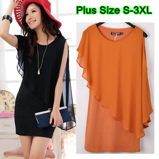 Ladies Plus Size Black Orange Cotton Patchworked Chiffon Sleeveless One-piece Dress Batwing One-shoulder Dresses with Belt S-3XL