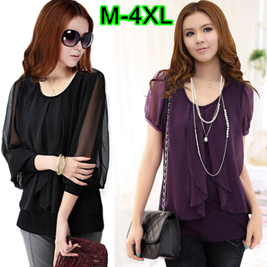 Ladies Plus Size Cotton O-neck Long Guaze Lantern Short Sleeve Patchwork Ruffle Chiffon Blouse Casul Loose T-shirts Size M-4XL