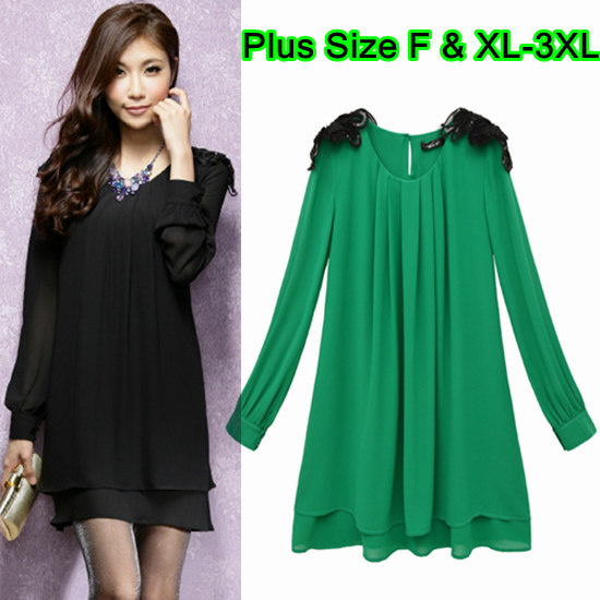 Ladies Plus Size Long Sleeve O-neck Paillettes Appliques Shoulder Double Layer Brief Spring Chiffon Dress Size F & XL-3XL