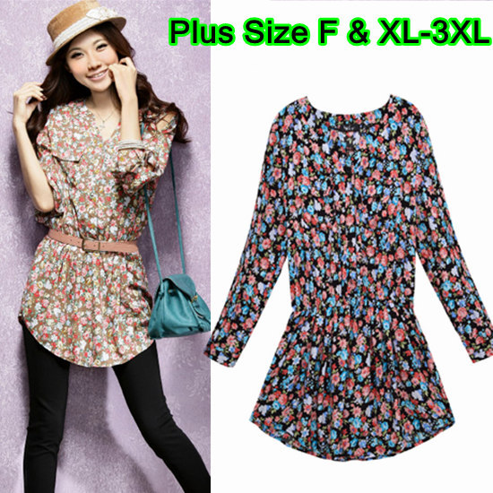 Ladies Plus Size Long Sleeve Off-shoulder V-neck Floral Shivering Print Pastoral style Elastic Wasit Blouse Size F XL-3XL