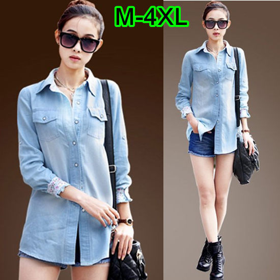 Ladies Plus Size Long Sleeve Turn-down Collar Washed Bleached Pockets Denim Shirt Flower Print Loose Cotton Shirts Size M-4XL