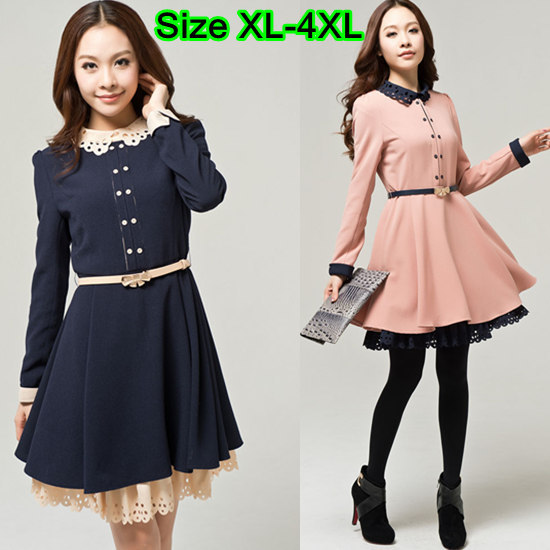 Ladies Plus Size Pink Blue Patchworked Lace Collar and Sweep Dress Fashion Long Sleeve Autumn Double Breasted Dresses with Belt