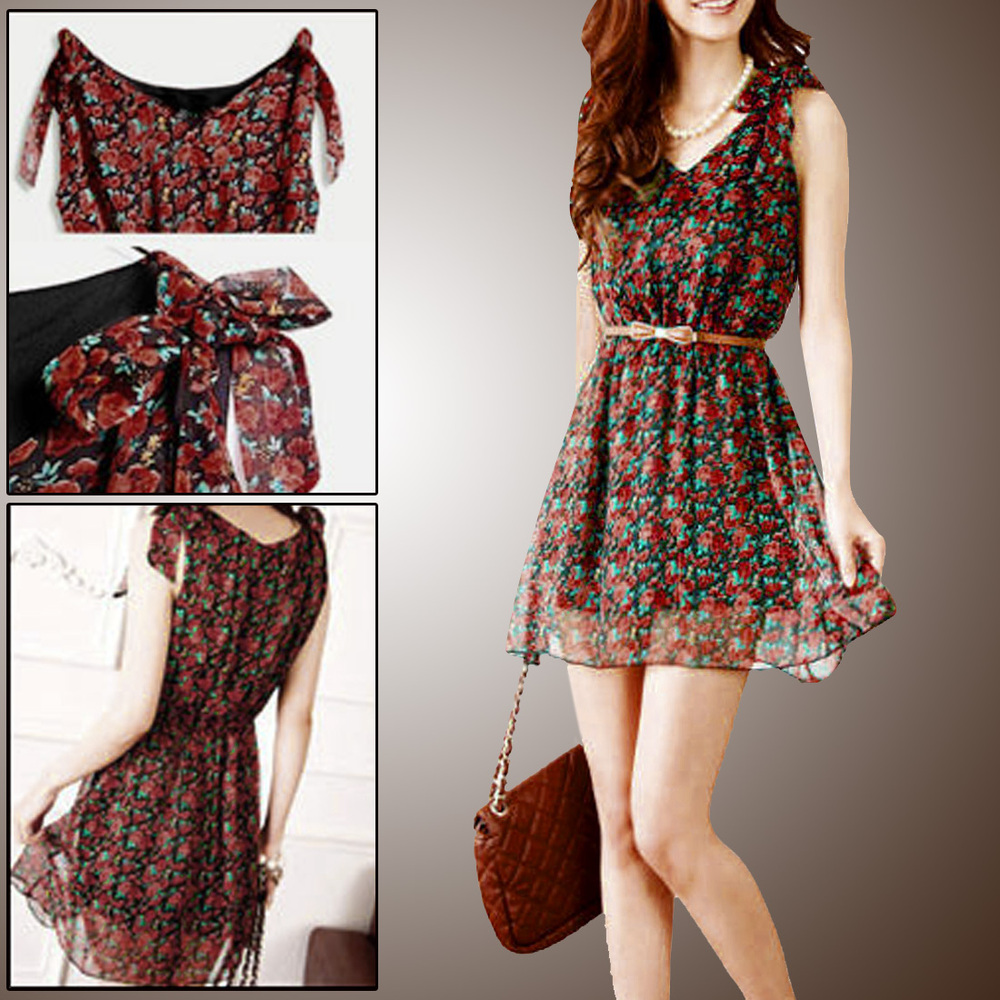 Ladies Red Self Tie Bowknot Shoulder Elastic Waist Flower Pattern Casual Mini Dress