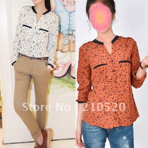 Ladies Retro Tide Star Printed Double Pocket V Neck Long Sleeve Shirt Chiffon Blouse Women Clothes New Arrive