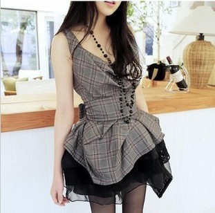 Ladies royal fashion check pleated skirt vintage formal dress style slim waist t-shirt