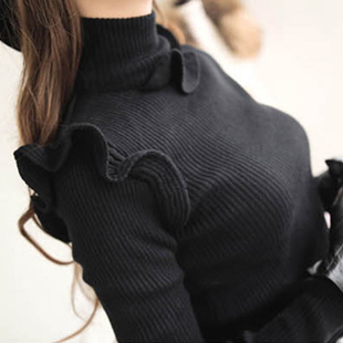 Ladies ruffle turtleneck slim knitted all-match sweater basic shirt Free Shipping