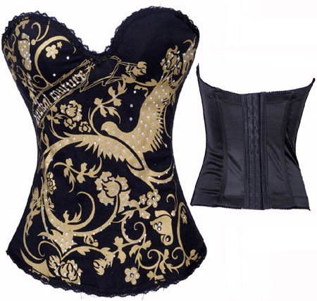 ----- ladies sexy corset in satin  ( size s-2xl ) Y6280  many color available black fond with bird in golden------ good quality