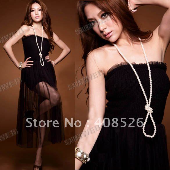 Ladies Sexy Fashion Coarse knit Black Formal Net veil Long Strapless Dress free shipping 2796