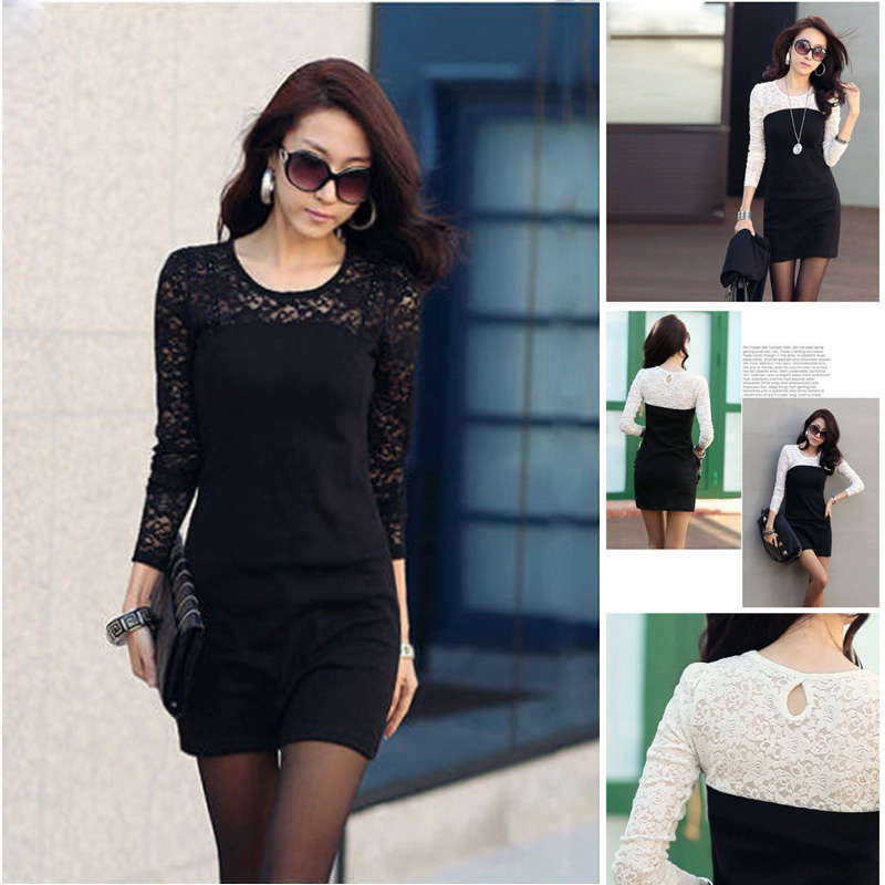 Ladies' sexy Slim Crew Neck cotton Bodycon Clubwear Mini casual women Long Sleeve Lace Dress for spring autumn ,Free Shipping