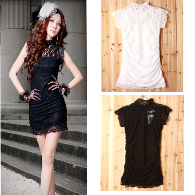 Ladies short-sleeve slim lace princess basic skirt sexy cutout dress one-piece dress