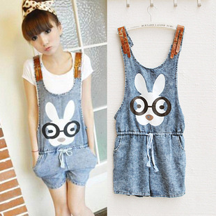 LADIES SHORTS glasses rabbit drawstring denim overalls