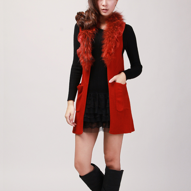 Ladies sweater outerwear female cardigan medium-long sheep wool knitted female vest fur collar autumn and winter female