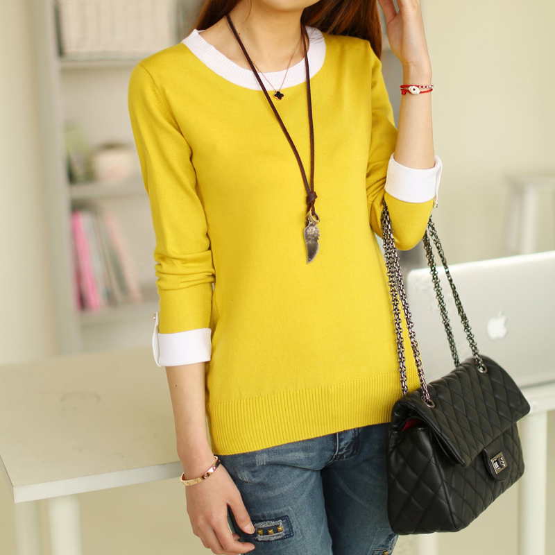 ladies sweaters - 2013 spring color block decoration cuff roll up hem hasp decoration sweater top 0225 female