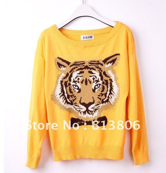 ladies' sweaters knitted sweater  tiger and head   pullover   red&blue  gray yellow  black