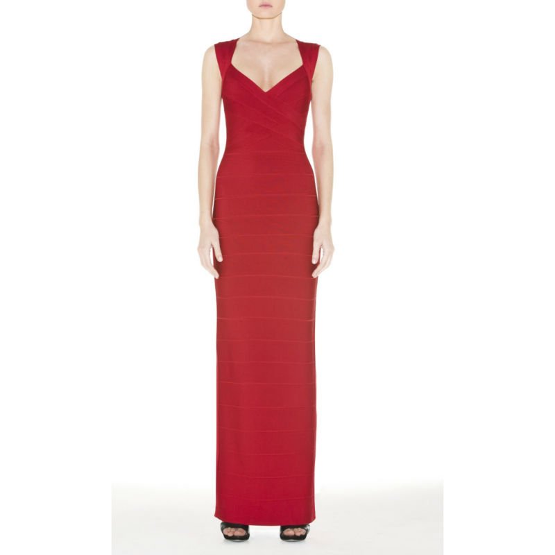 Ladies V-neck elegant red evening dress