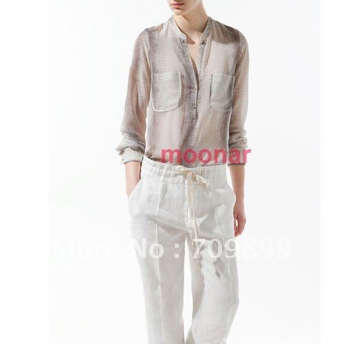 Ladies Vogue Chiffon Snake Long Sleeve Cargo Pocket Button Up Blouse Top Shirt E0430