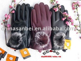 Ladies vogue pu leather glove Rabbit hair cuff cony fur