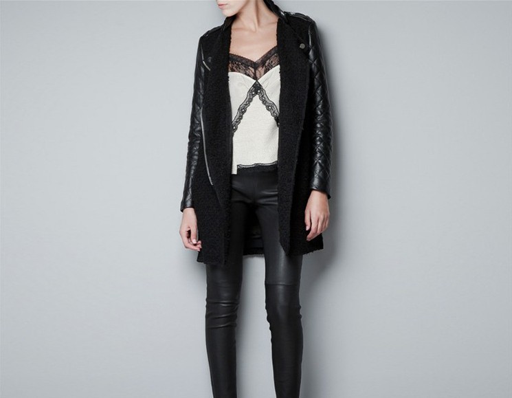 ladies' winter autumn new coat western style fashion zipper outerwear black long wool coat pu leather sleeve free shipping