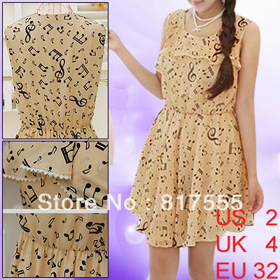 Lady Beige Scoop Neck Sleeveless Elastic Waist Music Notes Summer Pullover Dress