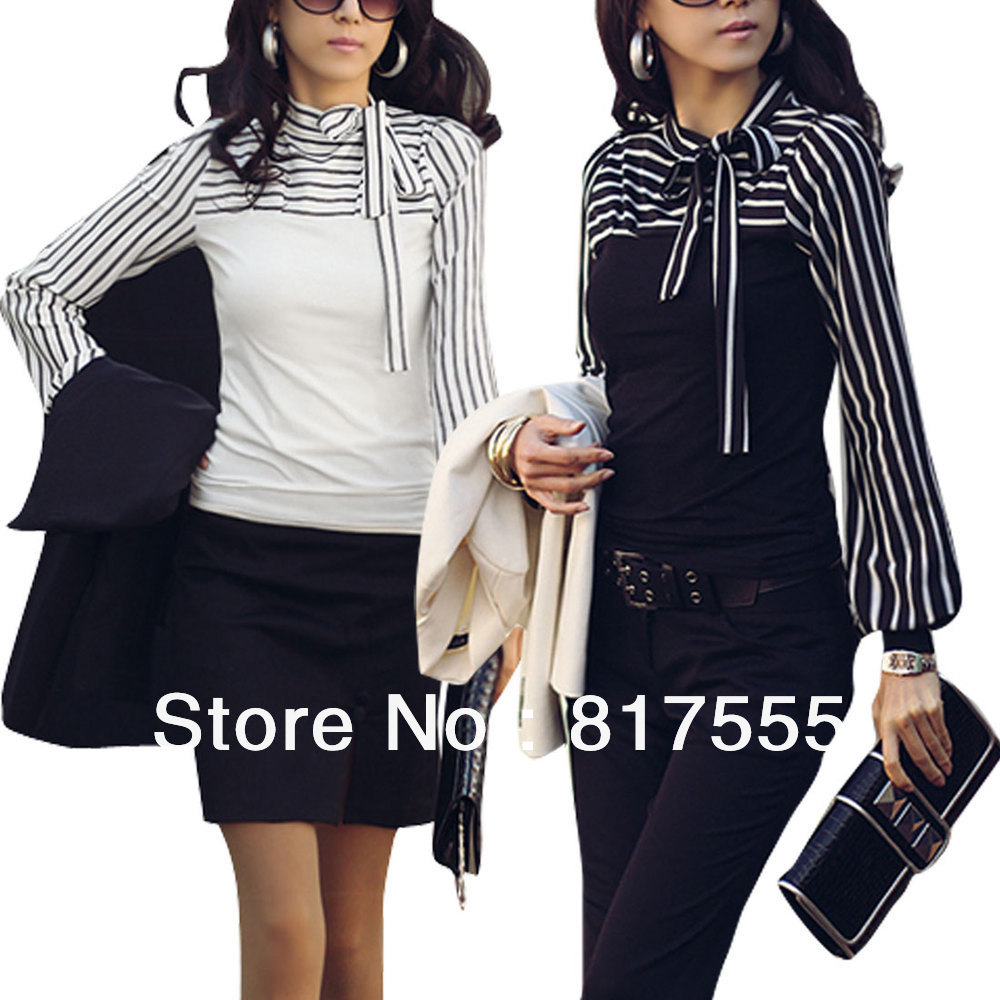 Lady Black Stripes Pattern Sleeve Stretch Self Tie Knot Top Fall Slim Shirt Tops