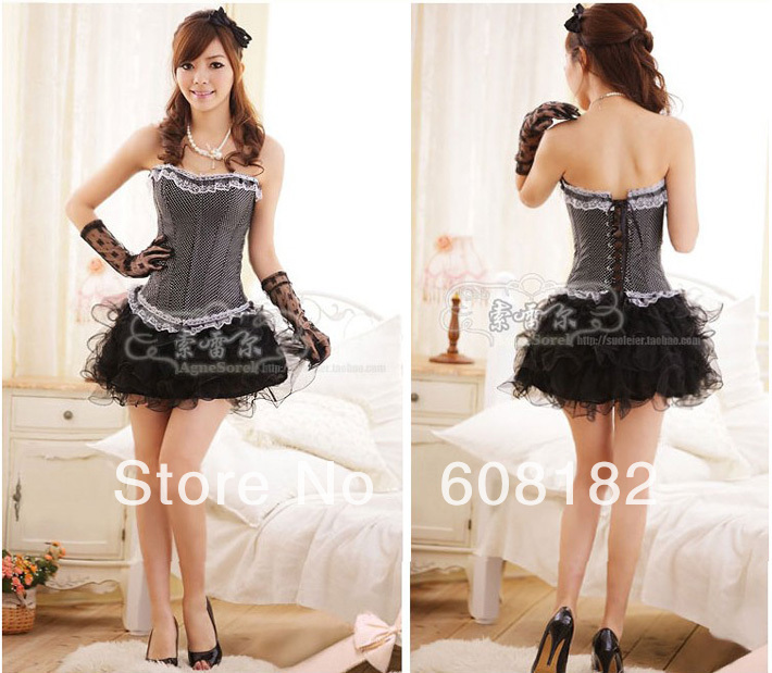 lady bustier Corset(overbust) Sexy Lingerie (bustier + g-string) satin black 0864