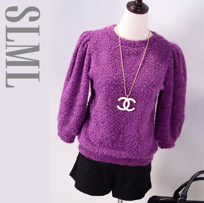Lady cai single vintage cashmere wool yarn knitted puff sleeve 7 free shipping
