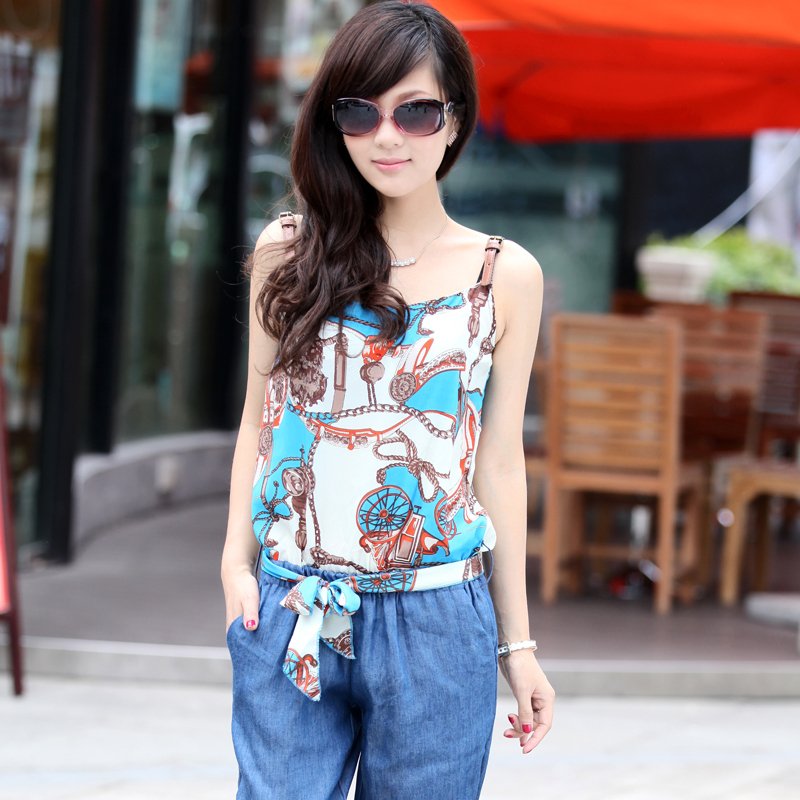 Lady Chiffon Floral Print Spaghetti Shoulder Strap Vest Jumpsuit Long Denim Jeans Free Shipping wbss1307