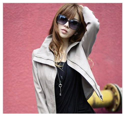 Lady Coat High Quality Free Shipping Autumn Women's Turndown Collar Zipper PU Leather Jacket, Soft,Khaki