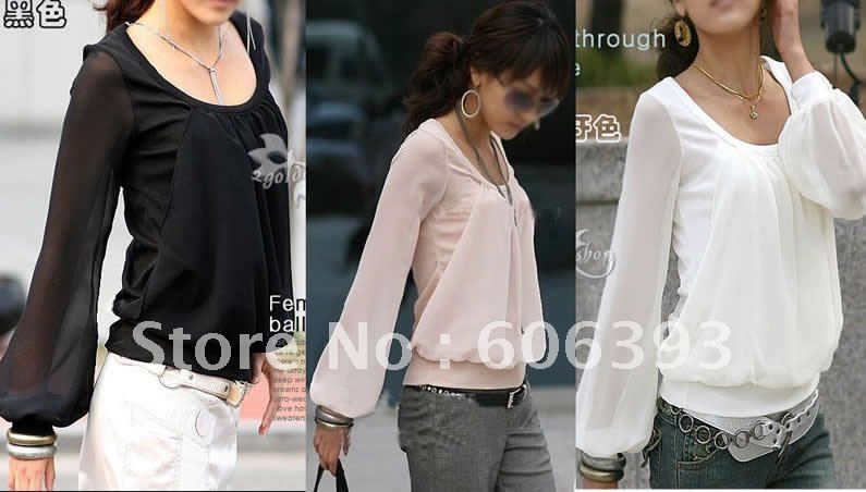 Lady Crew Round Neck Long Puff Sleeve Chiffon Blouse Shirt Tops T-shirt 3 Color