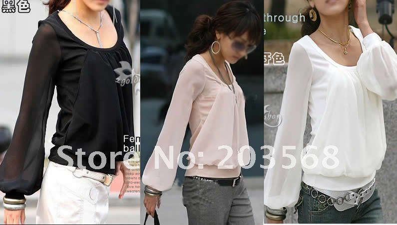 Lady Crew Round Neck Long Puff Sleeve Chiffon Blouse Shirt Tops T-shirt 3 Color