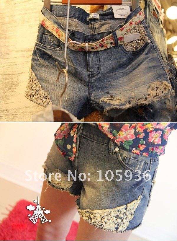 Lady denim shorts,women's lace jeans shorts,hot sale ladies' denim short pants size:S M L,free shipping by China Post Air Mail