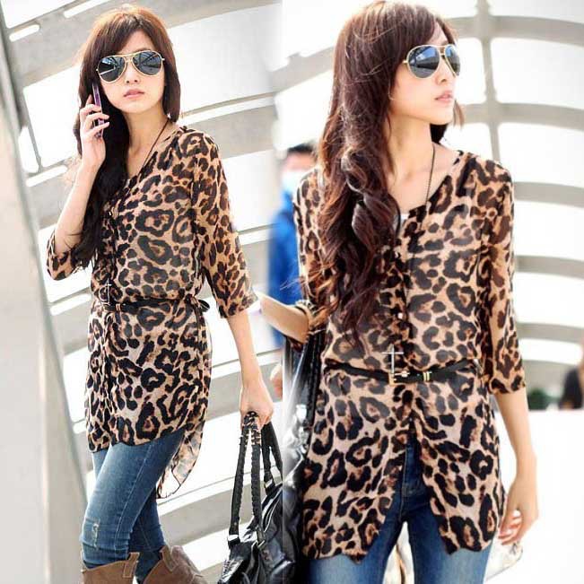 Lady fashion leopard print long shirt Transparent shirts summer spring 3/4 sleeve casual blouse with free belt blouses SY0138