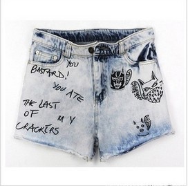 Lady fashion light blue personalized letter, do old cowboy washed denim shorts Free Shipping