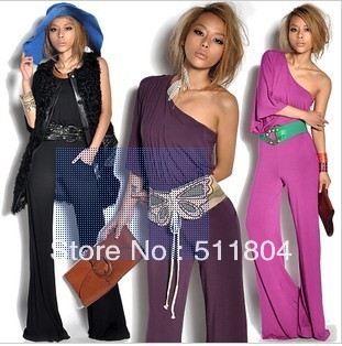 Lady Fashion Loose Black/ Rose Red/ Purple One Shoulder Jumpsuit Pants, Free Shipping