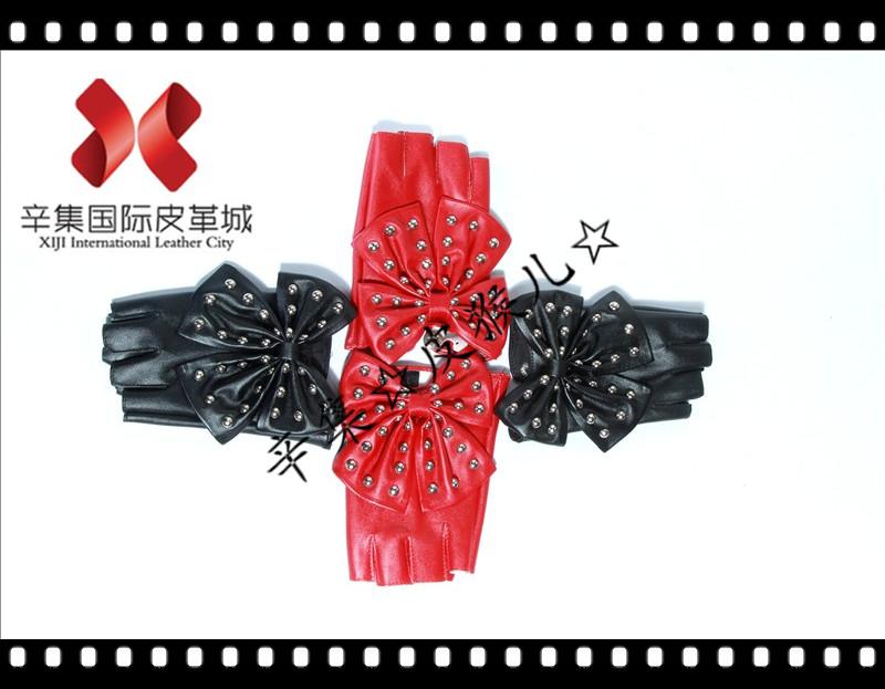 Lady gaga bow rivet faux leather semi-finger PU women's gloves black red