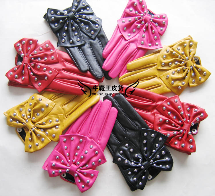 lady gaga Leather star style rivet large bow women's fashion  gloves free shippeng 20pcs/lot