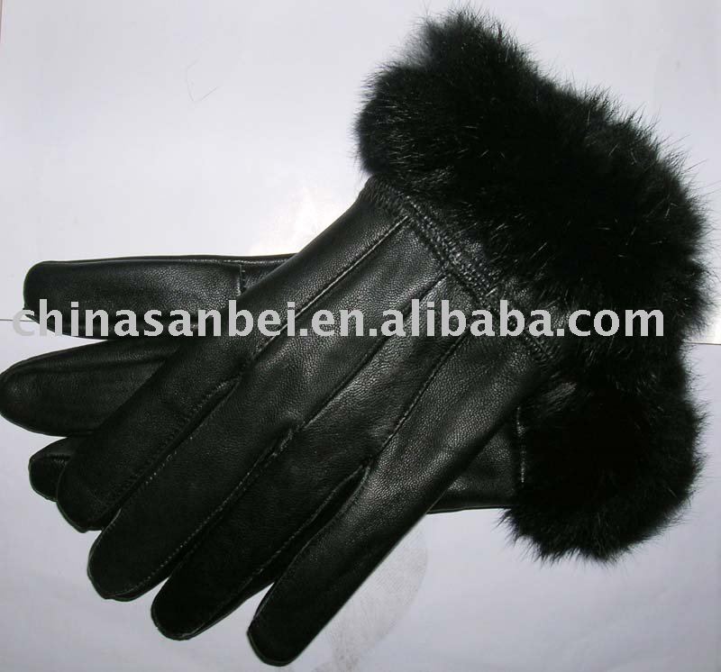 Lady genuine leather glove sheep skin rabbit fur black