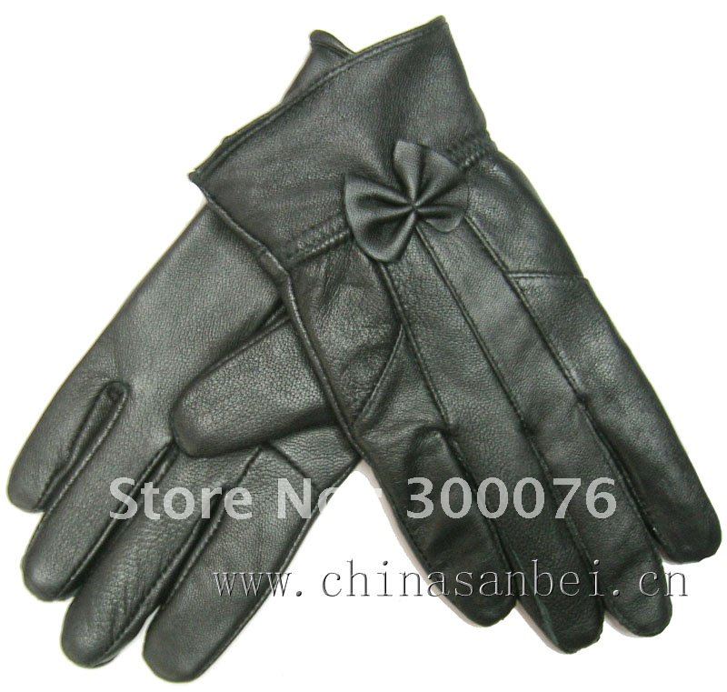 Lady genuine leather gloves sheep skin black bowknot fashion