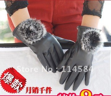 Lady high-grade simulation leather plush ball gloves V221lovely lady winter pure manual warm feather fashion