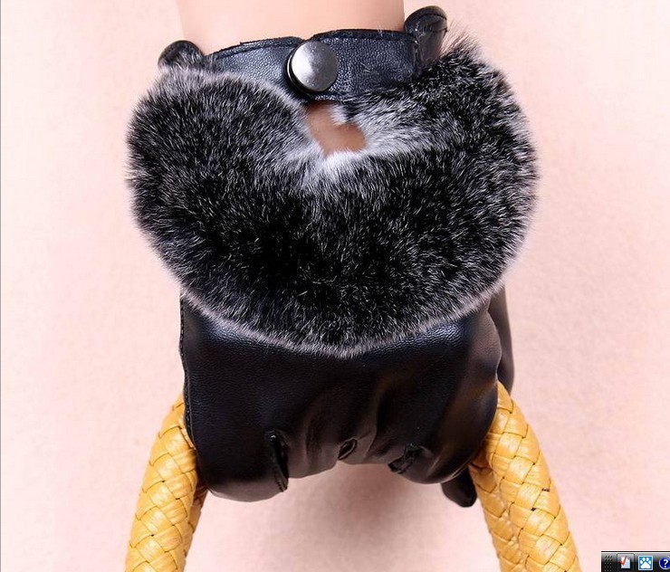 Lady leather fur gloves fashion warm winter styles sheep leather gloves