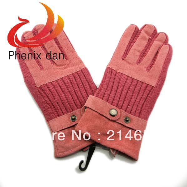 lady pink wool knit with suede leather winter women soft warm fullfinger women gloves free shipping