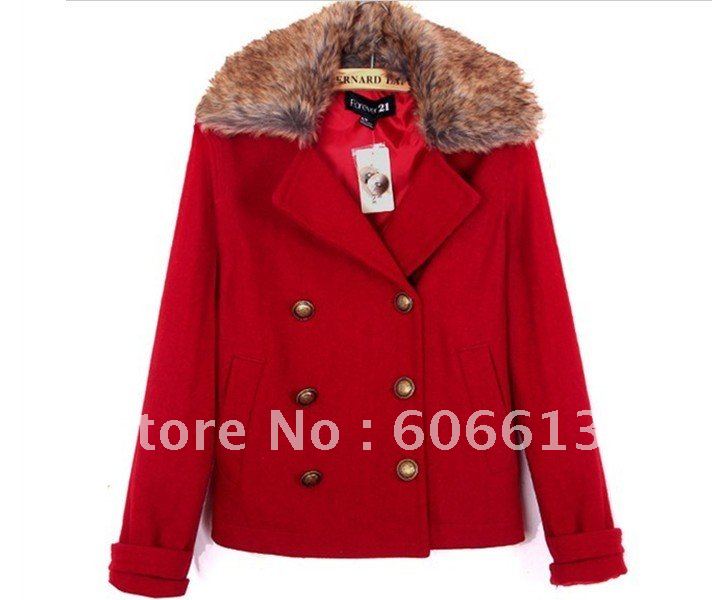 Lady's Fashion Slim Fit Double-breasted Military Coat Fur Collar Casual Outwear,Red Autumn Trench Coat  Free Shipping