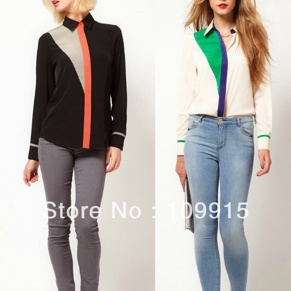 Lady's Long Sleeve Chiffon Shirt Office Patchwork Collared Women Blouse T-shirt   CY0396