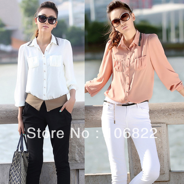 Lady's Long Sleeve Paillette Collar OL Shirt Pleated Pocket Button Blouse Tops HR438
