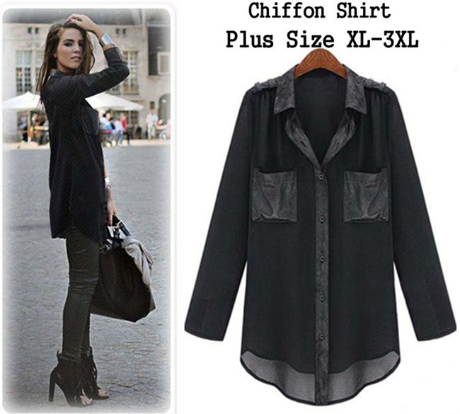 Lady's Plus Size Hotsales Full Black Long Sleeved Chiffon Shirts Satin Pockets and Shoulder Blouses Size XL 2XL 3XL