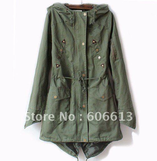 Lady's Slim Fit Military Style Trench Coat Top Quality Casual coat long Outwear Army Green,Khaki 2Pcs/Lot  Free Shipping