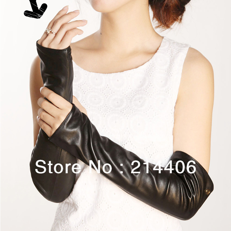 lady's Top grade winter fashion warm long  fingerless sheepskin leather dress gloves nylon linning with black color 41cm
