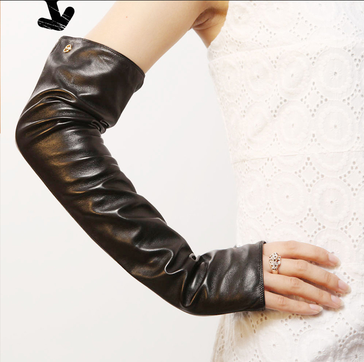 lady's Top grade winter fashion warm long sexy fingerless sheepskin leather dress gloves nylon linning with  botton 49cm
